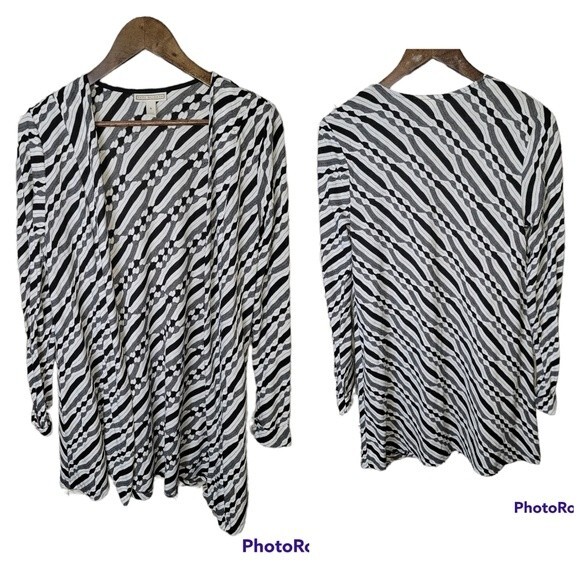 Dana Buchman Grey White Black Textured Geometric Striped Open Front Cardigan - Picture 1 of 7